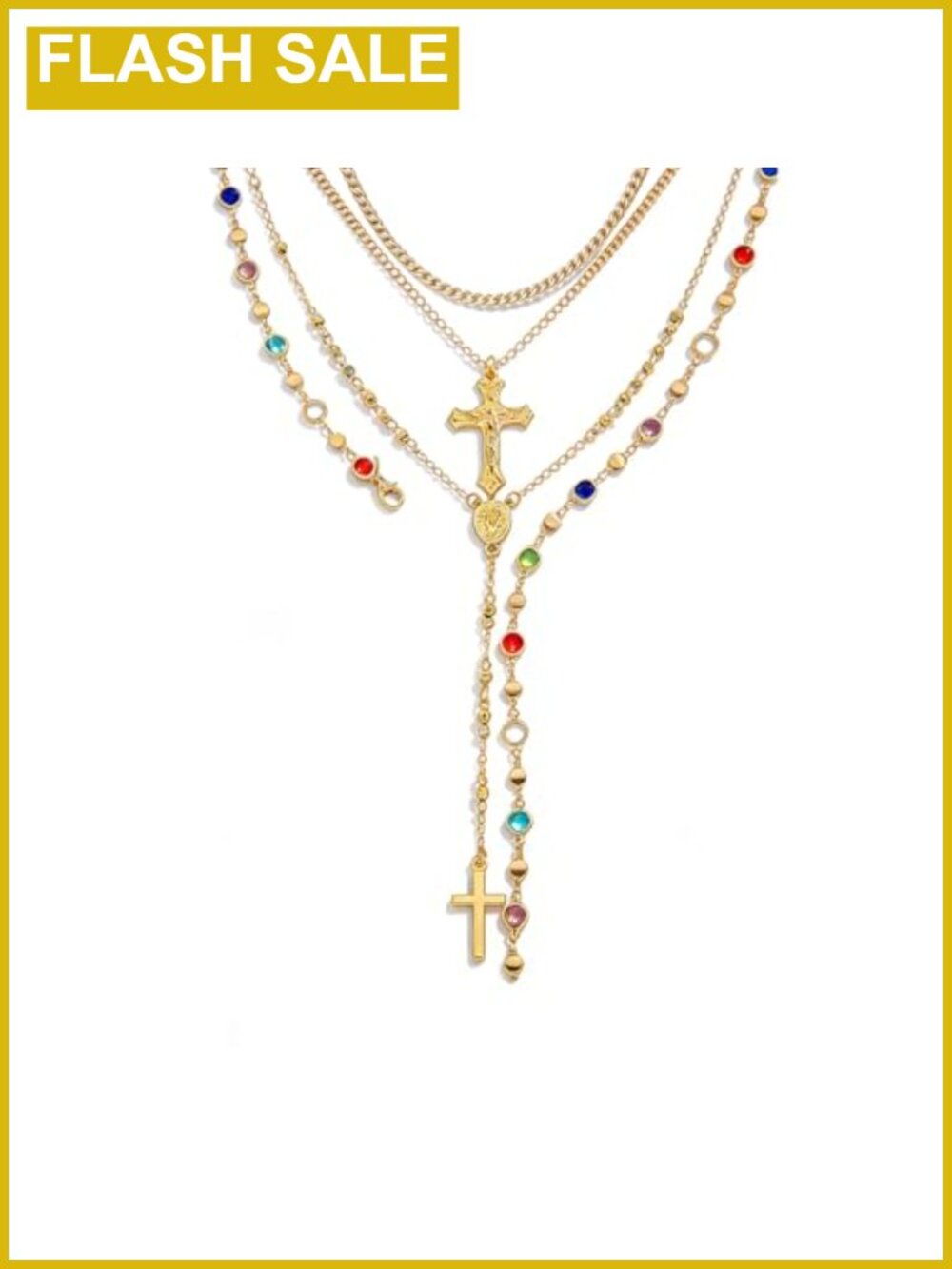 Cross Pendant Necklace Set Crystal Gold Plated Layered Chain Women Jewelry
